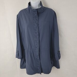 CHICOS ZENERGY Womens Jacket Sz 3 XL Full Zip Ruffled BLUE Stretch Mature Career